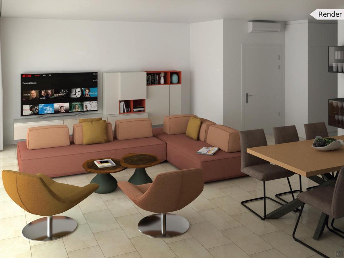 Soluzione d'arredo per un living in open space - render