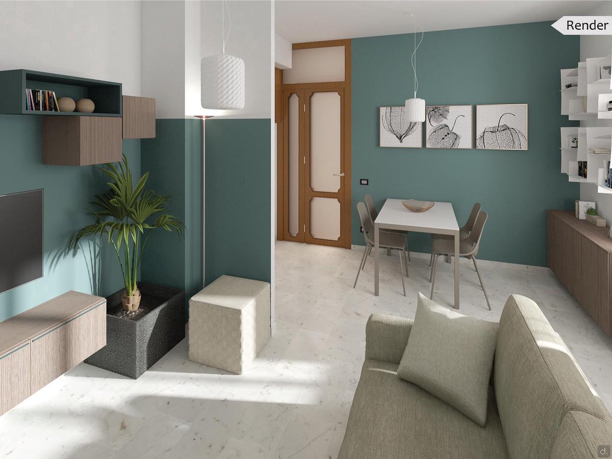 Soluzione per arredare un piccolo soggiorno con zona pranzo e ingresso - render