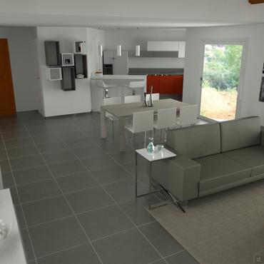 Progetto 3D per arredare un open space con cucina a elle