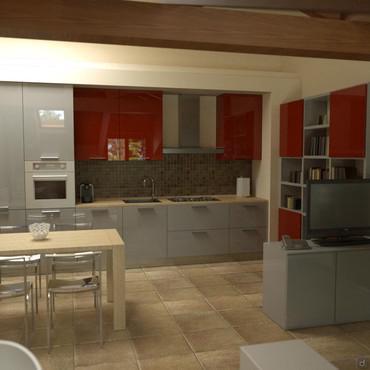 Progetto per realizzare cucina e salotto in open space mansardato - render zona cucina