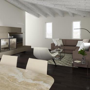 Progetto d'arredo per soggiorno mansardato con travi a vista - render