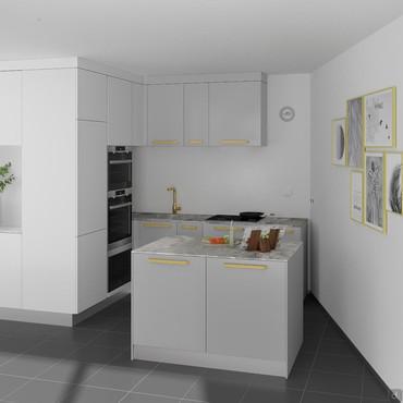 Progetto per arredare cucina piccola ad angolo con isola - render