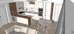 Render 3D zona giorno con cucina e soggiorno open space.