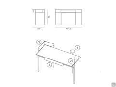 Schema dimensionale e particolare dei complementi disponibili: 1. vassoio; 2. luce LED; 3. alzatina tessile; 4. cassetto sotto-top