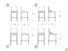 Schema dimensionale dello sgabello imbottito con schienale avvolgente : A) e B) versione piano cucina nelle due varianti dello schienale C) e D) versione piano snack-bar nelle due varianti dello schienale 