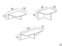 Schemi e dimensioni del tavolino Auri nei tre modelli disponibili. Il 120 x 45 è l'unico disponibile in due materiali: marmo travertino o legno