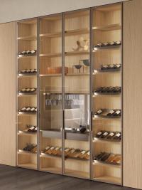 Colonne d'armoire Lounge avec portes en verre, équipée d'étagères porte-bouteilles et d'un module de bar central