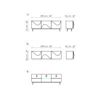 Schemi e dimensioni - 1) dimensioni credenza a tre ante con piedino - 2) dimensioni credenza a tre ante con zoccolo - 3A) ripiani laterali in nobilitato - 3B) ripiano opzionale in cristallo per vano centrale