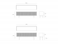 Schémas et Dimensions du buffet Katen dans la version coulissante à 3 portes, pour chacune d'entre elles avec les deux bases disponibles (basse et haute)