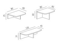 Schémas et dimensions de la table basse Auri dans les trois modèles disponibles. Le modèle 120 x 45 est le seul à être disponible en deux matériaux : marbre travertin ou bois