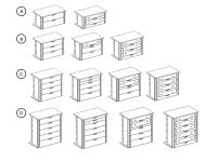 Modelli cassettiere: A) a 2 cassetti con frontali lisci o in vetro fumè - B) 3 cassetti lisci o in vetro fumè C) 4 cassetti lisci, con cassetti superiori piccoli, o in vetro fumè D) 5 cassetti lisci, superiori piccoli o in vetro fumè