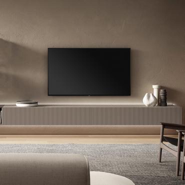 TV wall with wall-hung flap bases and open compartment