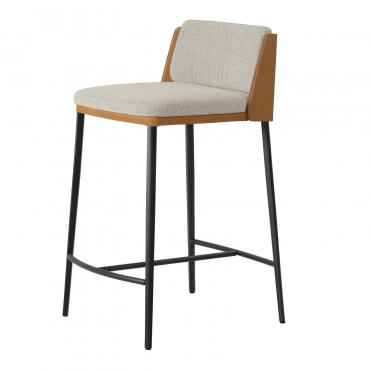 Sangay kitchen bar stool in leather, with four metal legs and upholstered seat