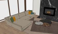 Render of the sofa with chaise longue, coffee table set and rug.