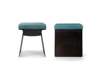 Front and side view of the Calvin designer pouffe stool, with a slim metal structure, which can be open or closed, and seat cushion with leather upholstery