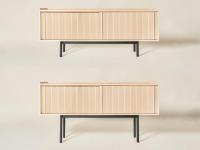 Two versions of Katen sideboard with two sliding doors: one has the low base 22 cm high and the other one comes with the 37 cm high one