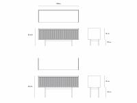 Schematics and measurements of Katen sideboard in the model with two sliding doors, available both in the version with high and low base