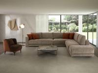 Clive sofa with down cushions in the corner version, with contrasting decorative cushions