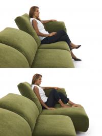 Proportions and seating ergonomics on the Nevis sofa with raised backrest and closed or extended seat