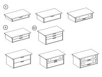 Drawer chest models: A) Single drawer, with smoked glass front B) Double drawer with plain or smoked glass fronts B2) With 3 drawers and plain fronts, No. 2 small top drawers and No. 1 standard drawer