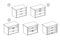 Drawer chest models: A) with No. 3 drawers and plain fronts A1) with No. 3 drawers and smoked glass fronts B) With 3 drawers and plain fronts, No. 2 small top drawers and No. 2 standard drawers