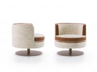 Charme leather and fabric swivel armchair in two-tone version, with contrasting inserts along seat and backrest