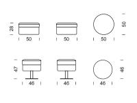 Diagrams and measurements of the two poufs available as optional extras in addition to the Charme armchair