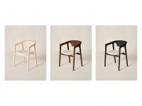 Ashina chair with covered seat in the available finishes, from left to right: natural ash-wood, brown ash-wood, black, black 