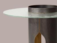 Cylindrical coffee table with Bullet glass top, in hammered glass version with delabré metal frame