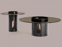 Bullet coffee tables with smoked vetor top and two-tone paint finish: on the outside, the distinctive Gloss Black glossy finish contrasts with the satin bronze effect on the inside