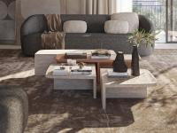 Auri travertine marble coffee table, here in  a composition of several models including the Canaletto walnut version