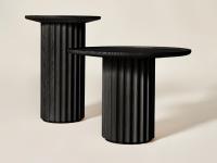 Shinden side table composition in black-stained ash, in the two available heights that allow for both front- and sofa-side use