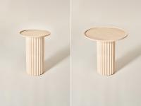 Shinden natural ash column side tables in the two versions with 55-cm high base: left with 40-cm top and right with 55-cm top