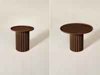 Shinden side tables in brown-stained ash in the two versions with low 40-cm base: left with 40-cm top and right with 55-cm top