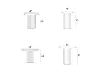 Schematics and dimensions of the Shinden coffee table in all available combinations, both for front and sofa side