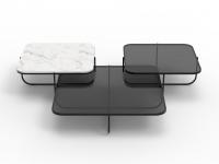 Token Steel black metal coffee table in square versions in clear smoked glass and white Carrara marble, two of the top finishes available togetherwith other stones