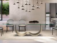 Table with designer metal Hadley base and shaped glass top available in two sizes