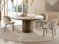 Elegant living room table with central Hidalgo base, in the round ceramic version with rounded wooden sub-top