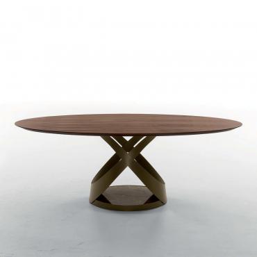 Elliptischer Tisch mit Platte in Nussbaum Canaletto, Struktur in Metall bronzen stein lackiert und Basissopckel in Marmor Bronze Emperador glänzend 