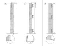 Dekoratives Lounge-Wandpaneel - A) Schema mit 0,8 cm Aussparung B) Schema mit 6,8 cm Aussparung mit Abstandshaltern C) Schema mit 6,8 cm Aussparung mit Abstandshaltern und LED-Leiste am Rahmen