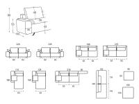 Modularität des Sofas Shirley: linear, Abschlusselemente, Chaiselongue, Abschlusselement mit Meridienne-Eckverlängerung, Ottomane