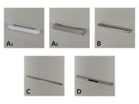 Diagramm der verfügbaren Griffe: aus weißem (A1) oder visonfarbenem (A2) Methacrylat, aus mattem Nickel mit kurzem (B) oder langem (C) Rundprofil oder aus mattem Nickel mit elastischem Band (D)