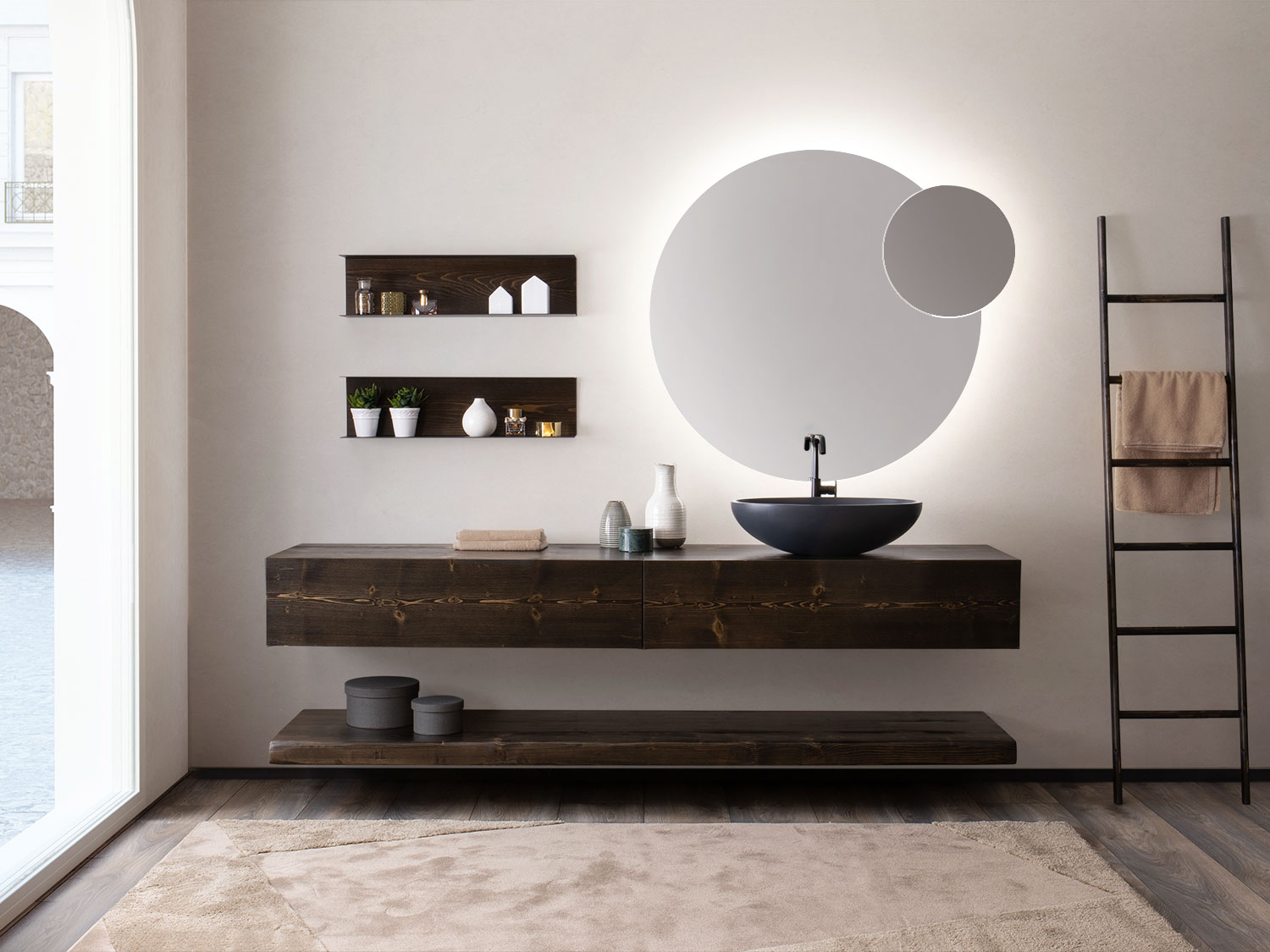 Custom Made Bathroom Wood Floating Vanity Shelf, Sink Live Natural