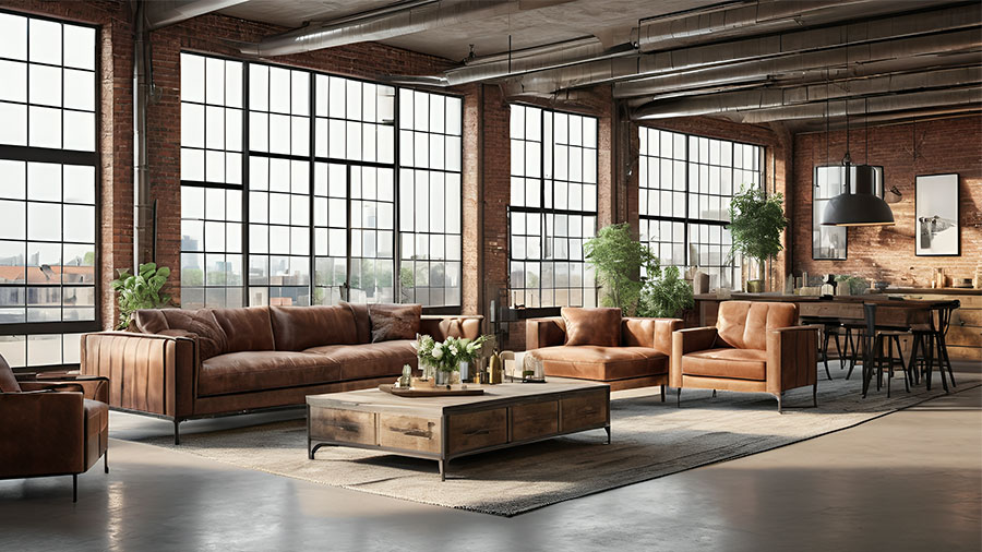 Loft in stile industriale con divani e poltrone in pelle davanti a grandi vetrate