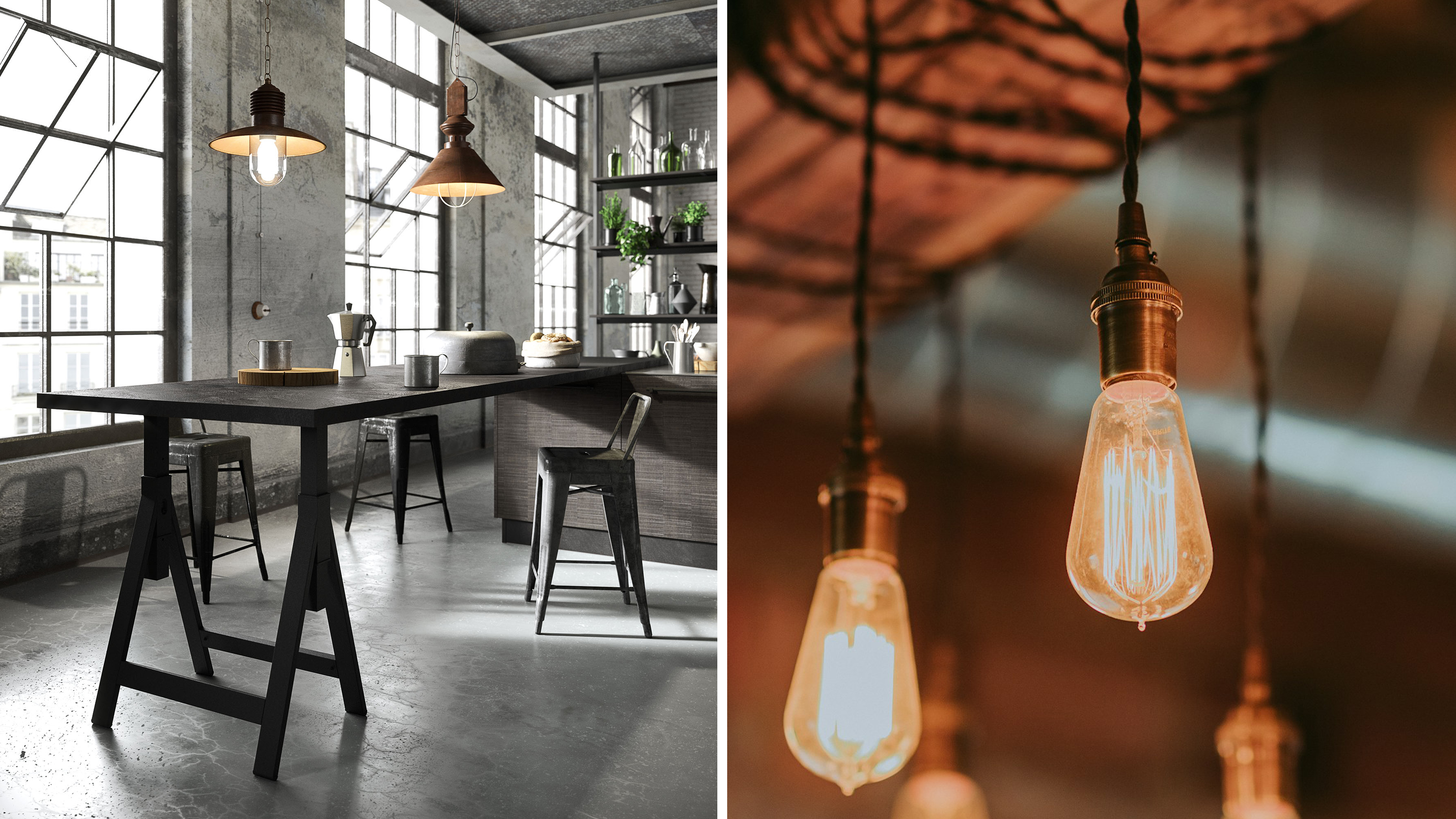 Collage di immagini con una cucina industriale a penisola e lampadine a forma di bulbo
