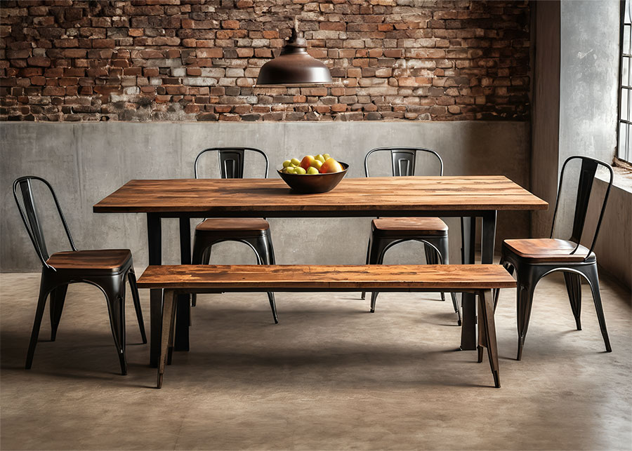 Tavolo da pranzo in stile industriale con sedie abbinate e panca