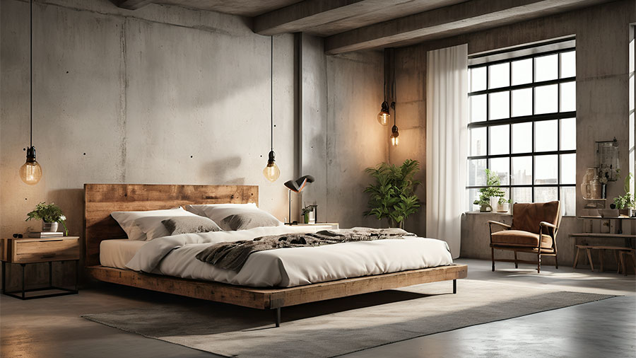 Camera in stile industriale moderno con letto in legno e comodini abbinati