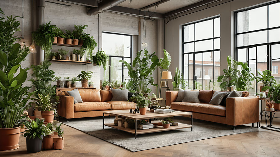 Salotto con doppio divano in stile industriale green