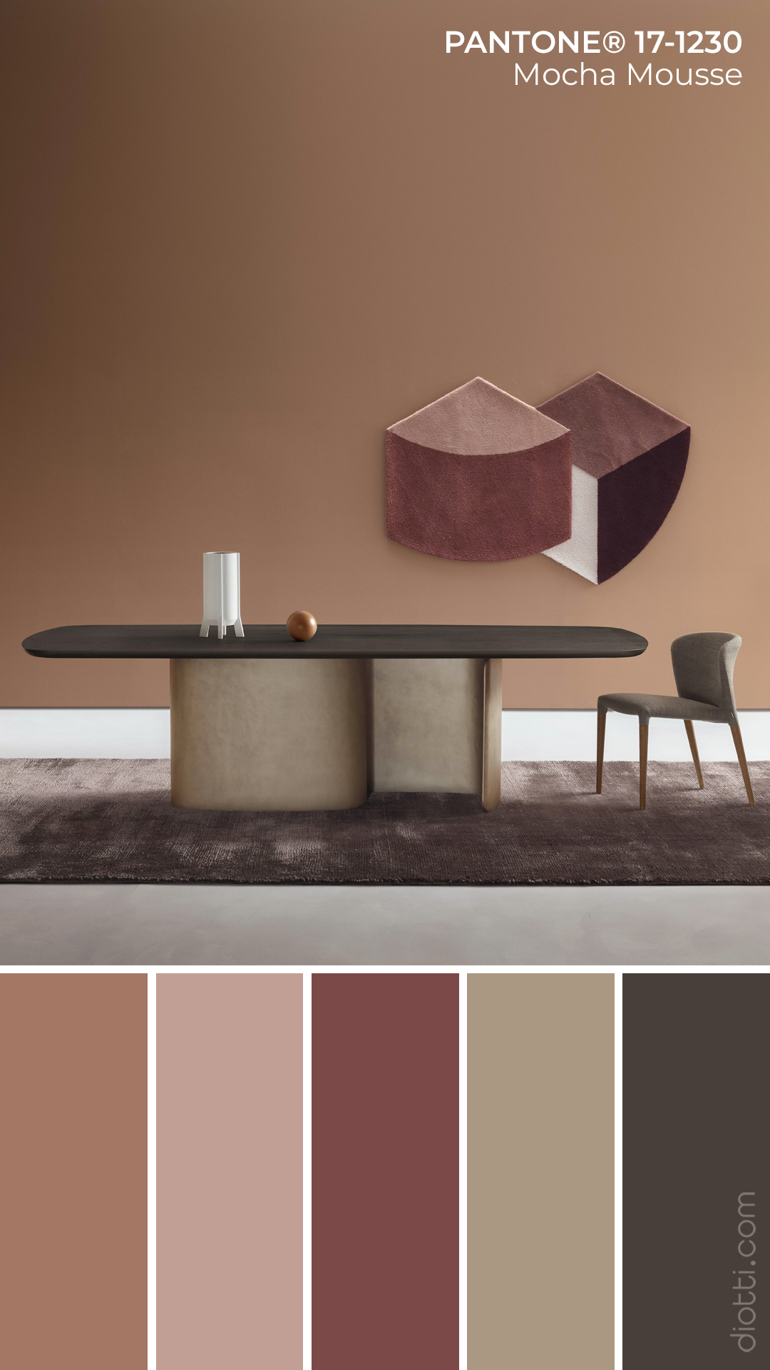 Pantone Mocha Mousse 17-1230 - Moodboard con palette di colori per il soggiorno