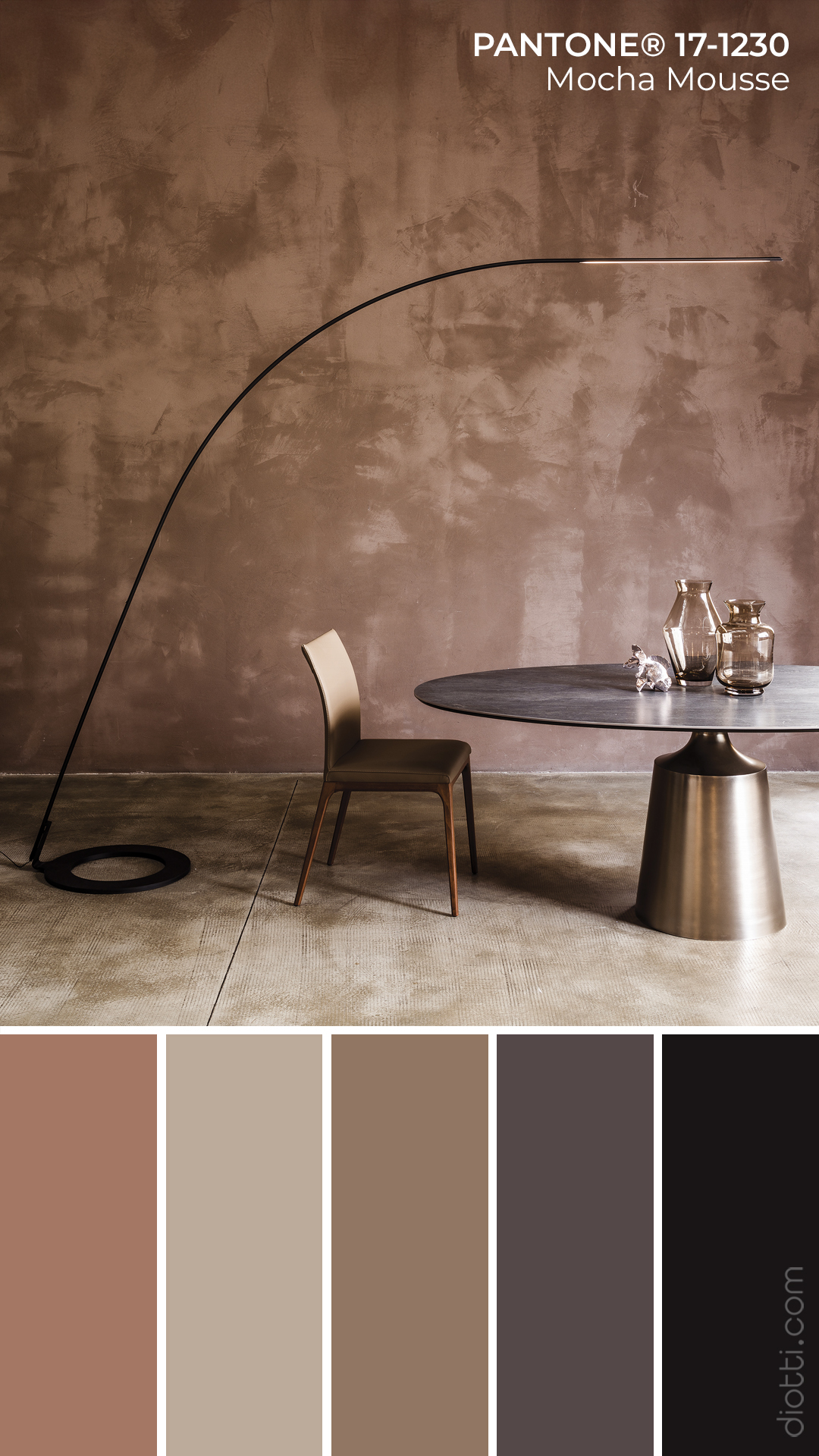 Pantone Mocha Mousse 17-1230 - Moodboard con palette di colori per il soggiorno